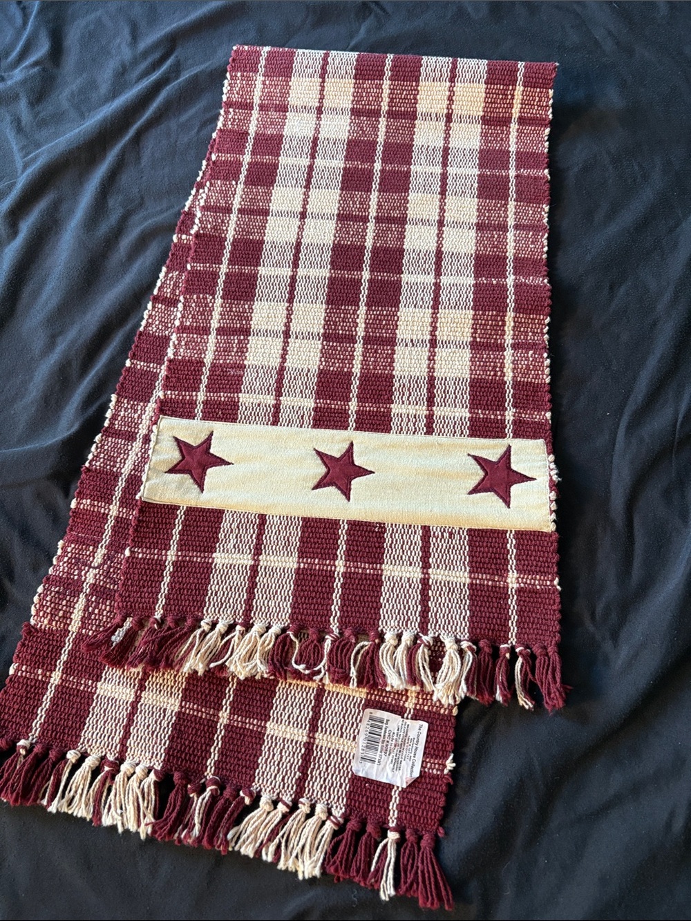 Burgundy and Cream Woven Plaid Runner with Star Applique